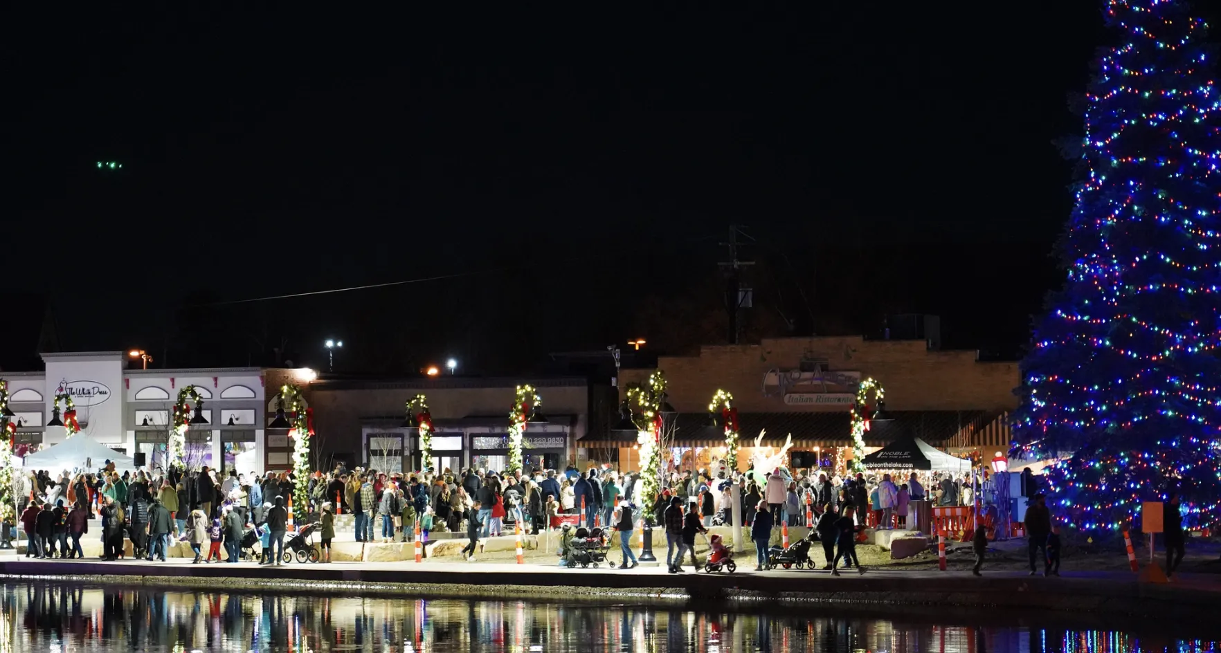 holiday lights illuminating the mill pond in downtown brighton